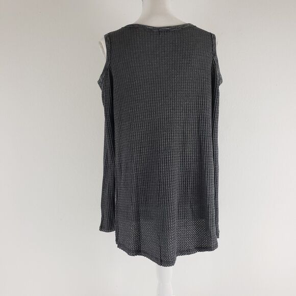 NEW!! Paper Crane SIZE L Gray Cold Shoulder Boho Long Sleeve Blouse Top Waffle - Picture 5 of 12